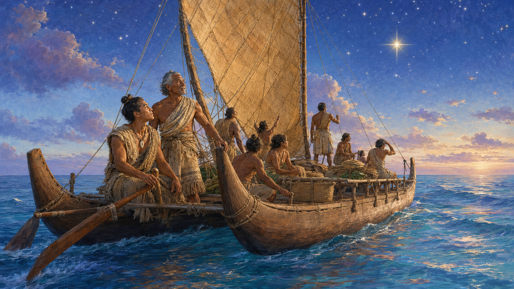 Pacific Island navigators gather aboard a traditional voyaging canoe beneath a bright star-filled sky.
