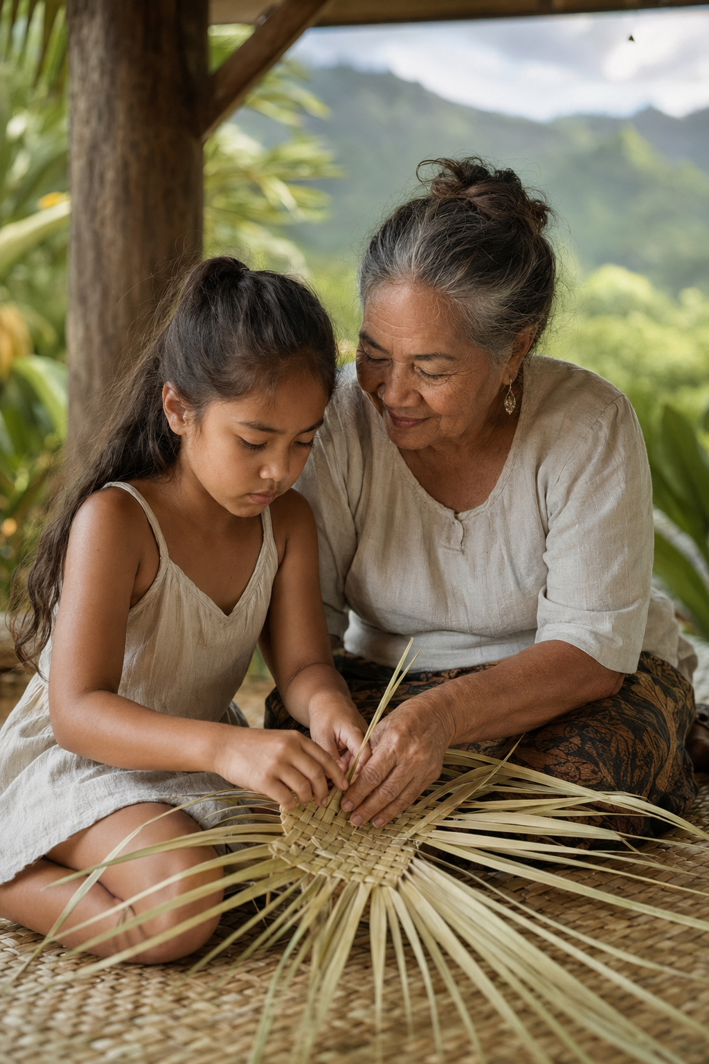 An elder patiently guides a young girl as they work together by hand.