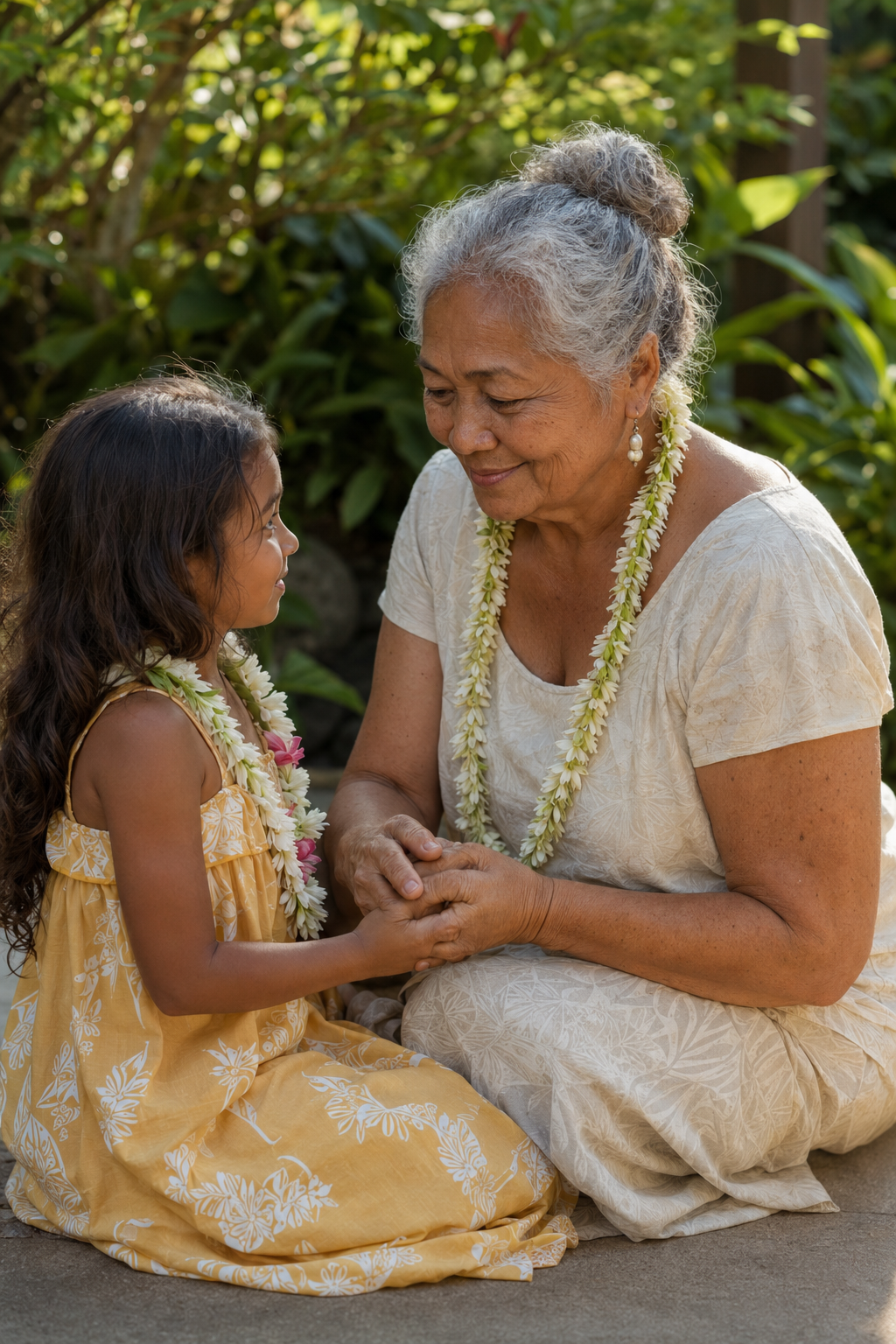 An elder wearing a flower lei speaks gently with a young girl.