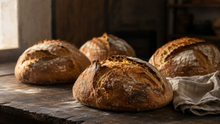 Rustic artisan bread loaves cooling on a wooden table in a warm bakery light