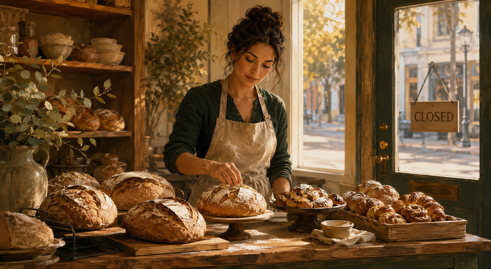 A woman carefully prepares bread in a warm, sunlit kitchen.