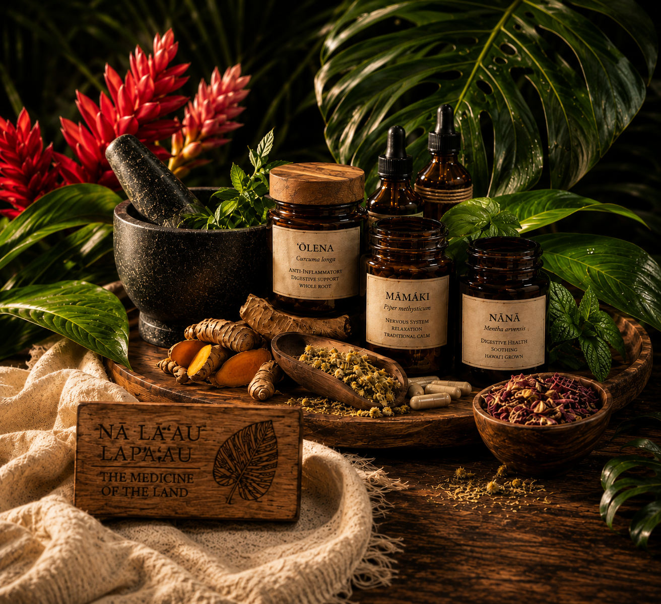 Herbal remedies, apothecary jars, tropical botanicals, and a mortar and pestle.