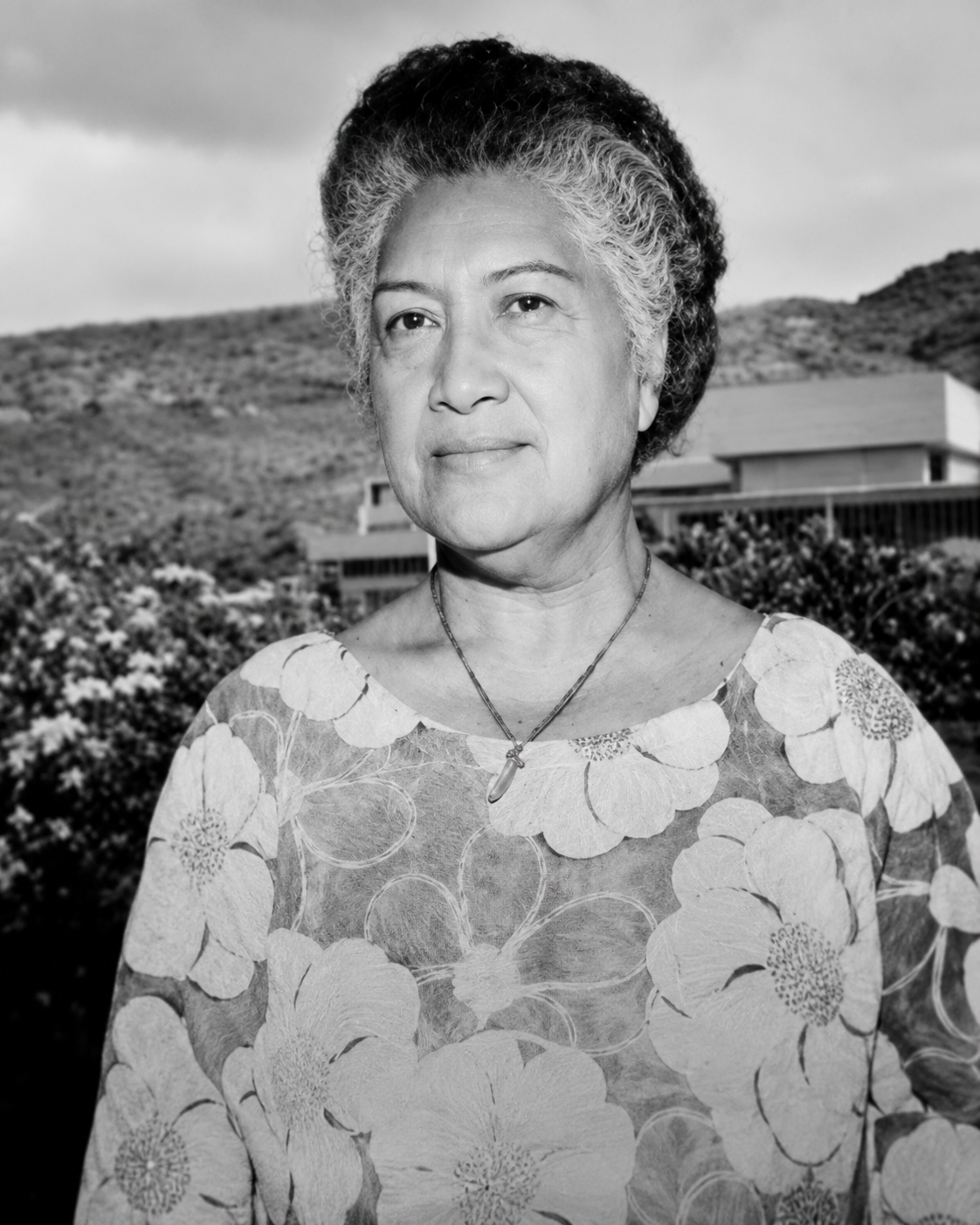 Black-and-white portrait of Hawaiian cultural practitioner and spiritual teacher Aunty Pilahi Paki.