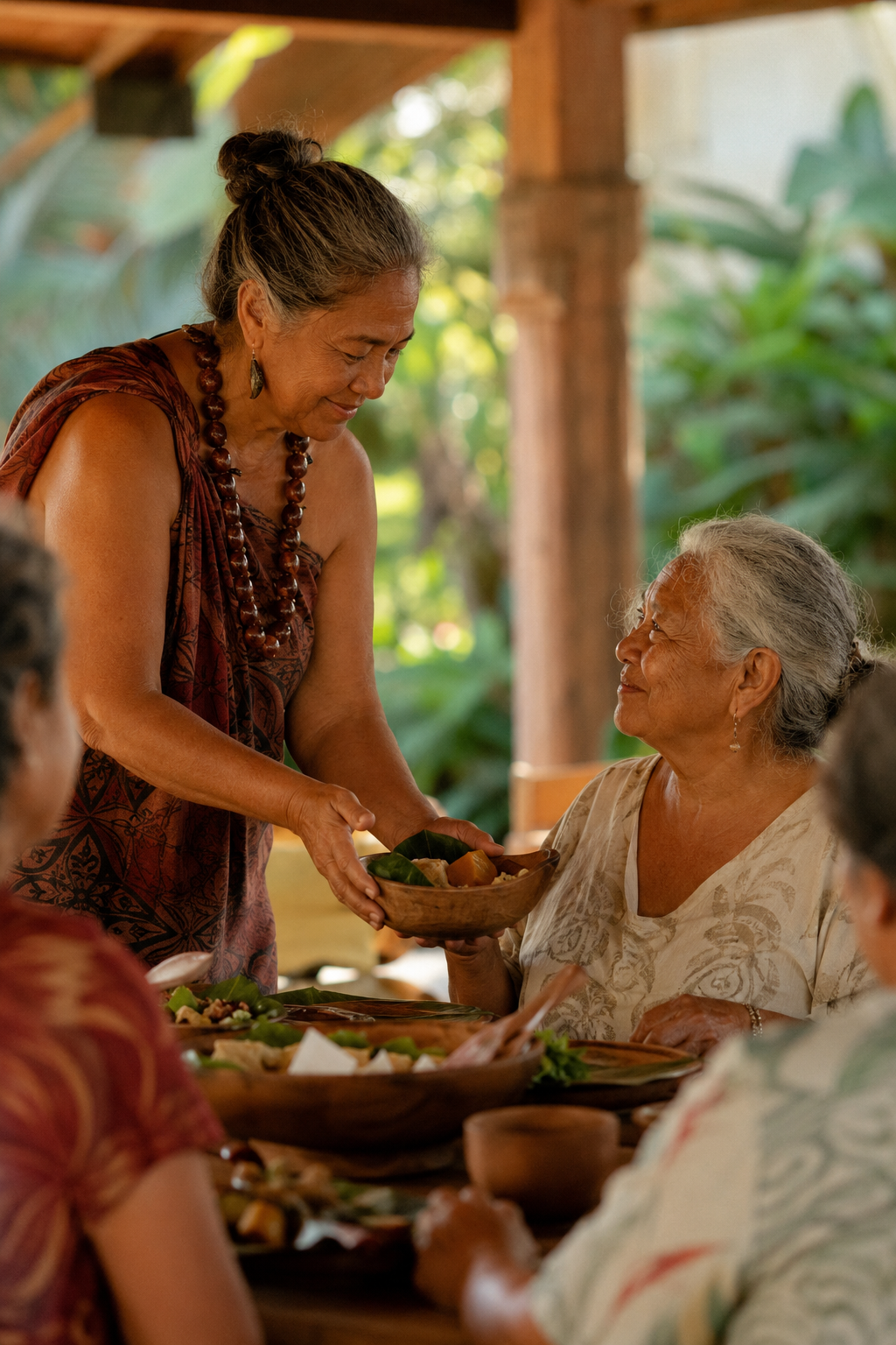 A woman respectfully offers a wooden bowl to a seated elder in a tropical garden.