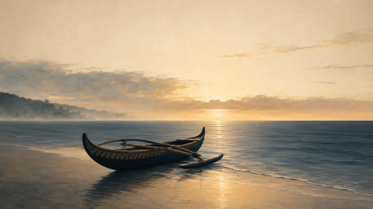 Traditional outrigger canoe resting at the water's edge beneath a golden sunrise
