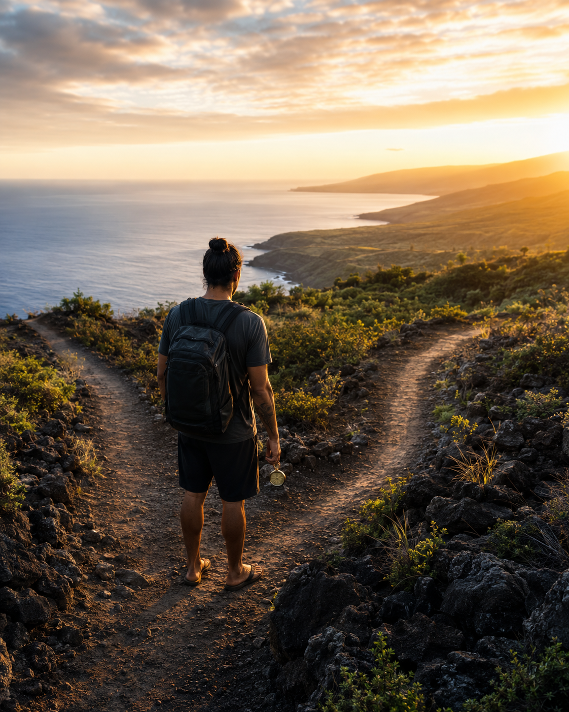 A traveler with a backpack pauses where a coastal trail divides into two paths above the ocean.