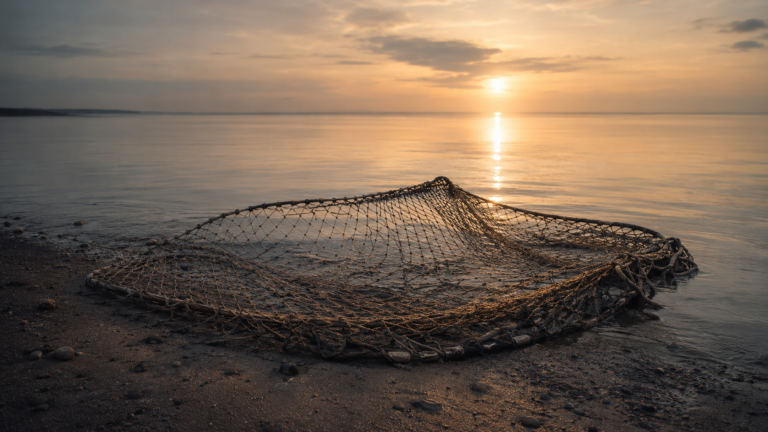 Empty fishing net spread across a quiet shoreline in the warm light of sunset