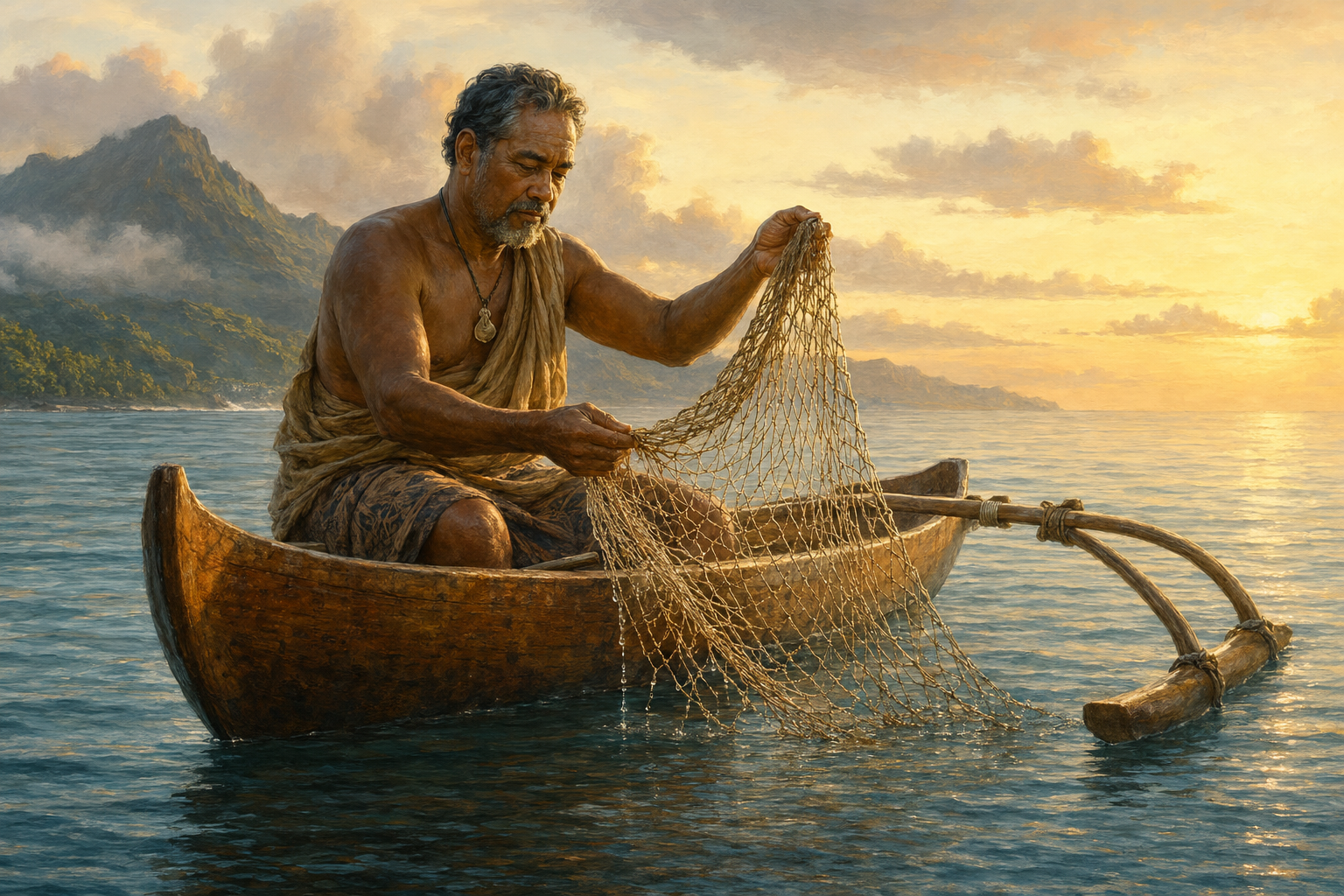 An elderly fisherman examines his empty net beside a traditional canoe at sunset.