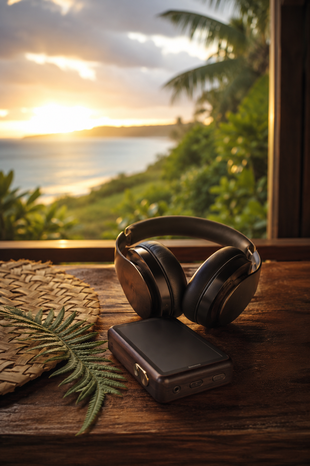 Headphones rest beside an open book overlooking a peaceful ocean at sunset.
