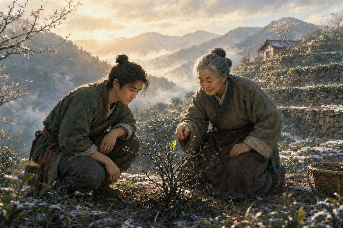 A young man and an elder kneel together on a misty mountain path, examining a small plant growing among the stones.