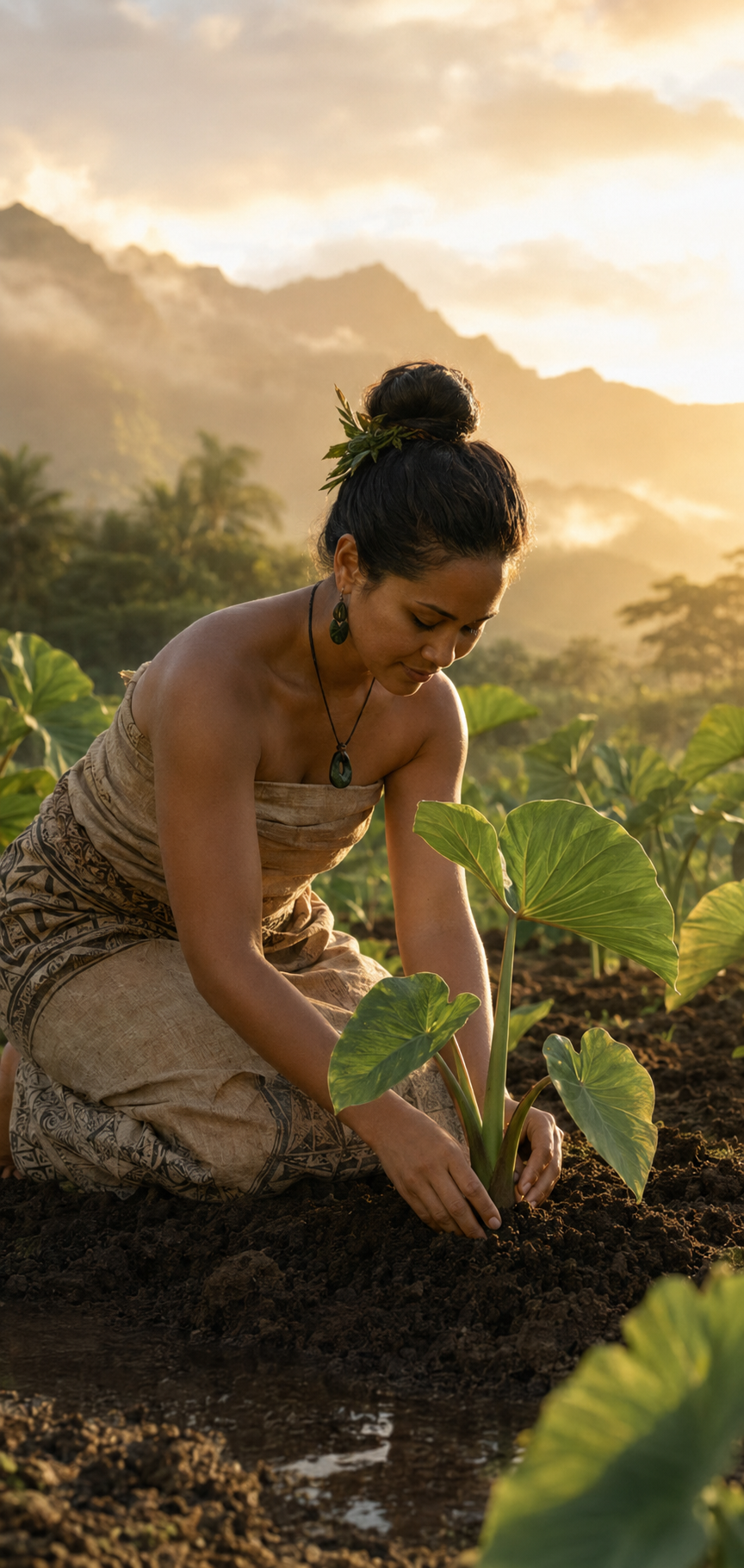 A Hawaiian woman tends kalo plants in a lush tropical garden, reflecting harmony between people and the land.