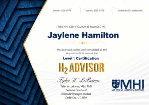 Molecular Hydrogen Institute Level 1 H₂ Advisor certification awarded to Jaylene Hamilton.