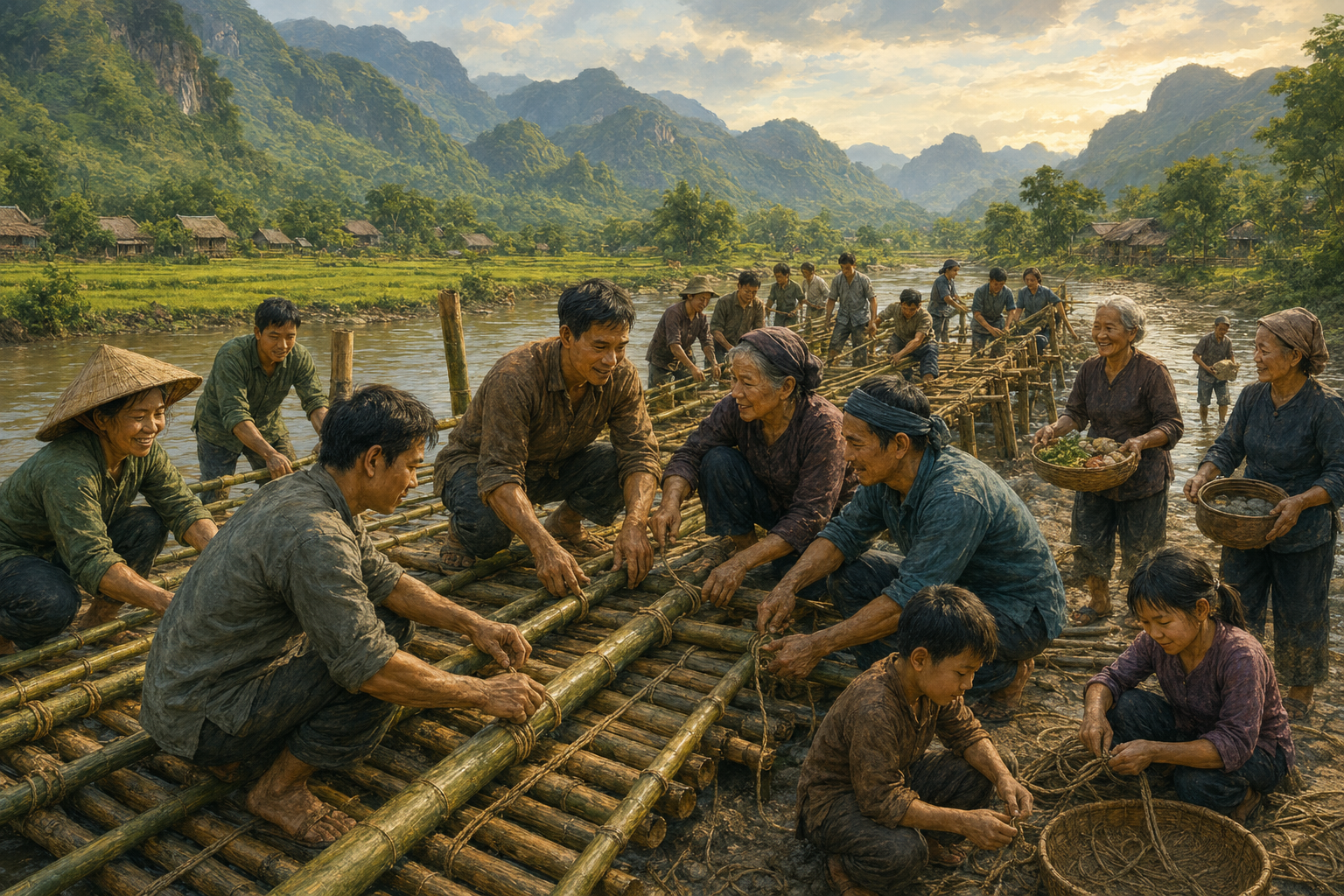 Villagers work together to build a wooden bridge across a lush tropical valley.