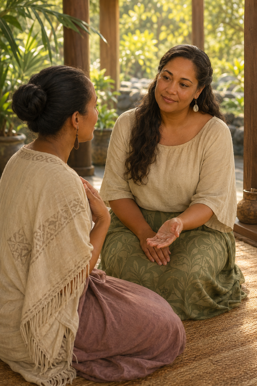 Two women share a warm, peaceful conversation on a shaded tropical porch.