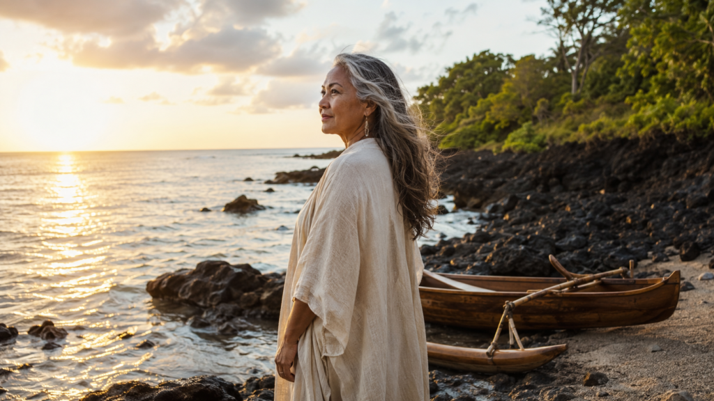 A silver-haired woman stands confidently beside a rocky tropical shoreline.