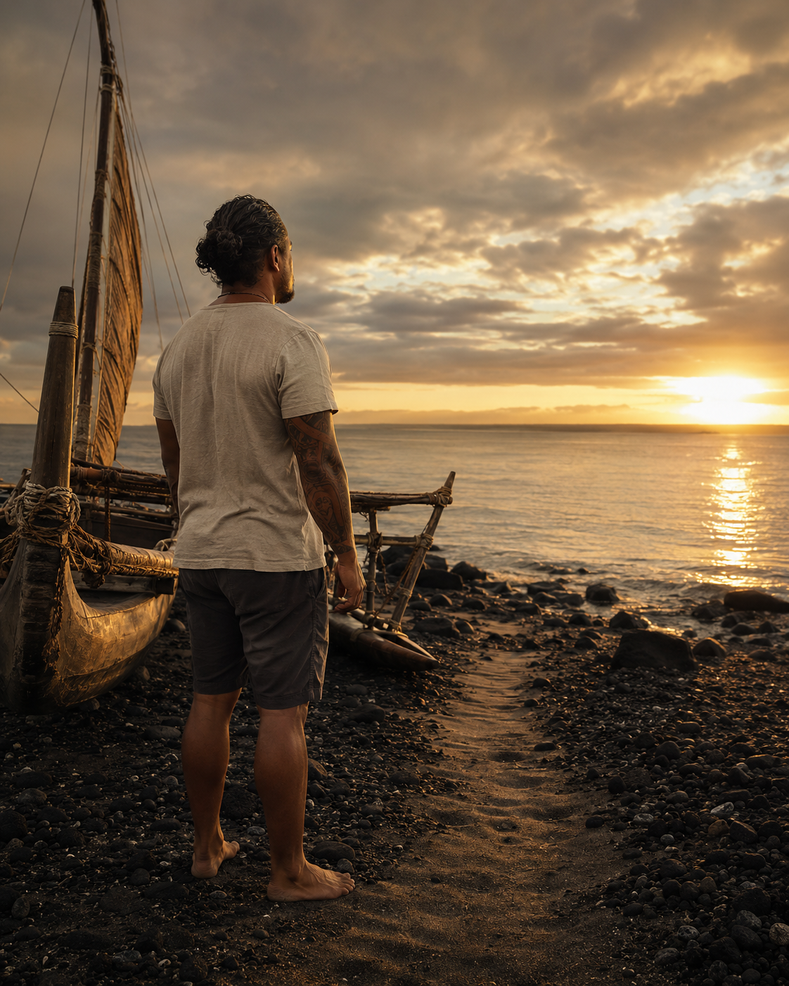 A solitary traveler stands beside a voyaging canoe, looking across the ocean at sunset.