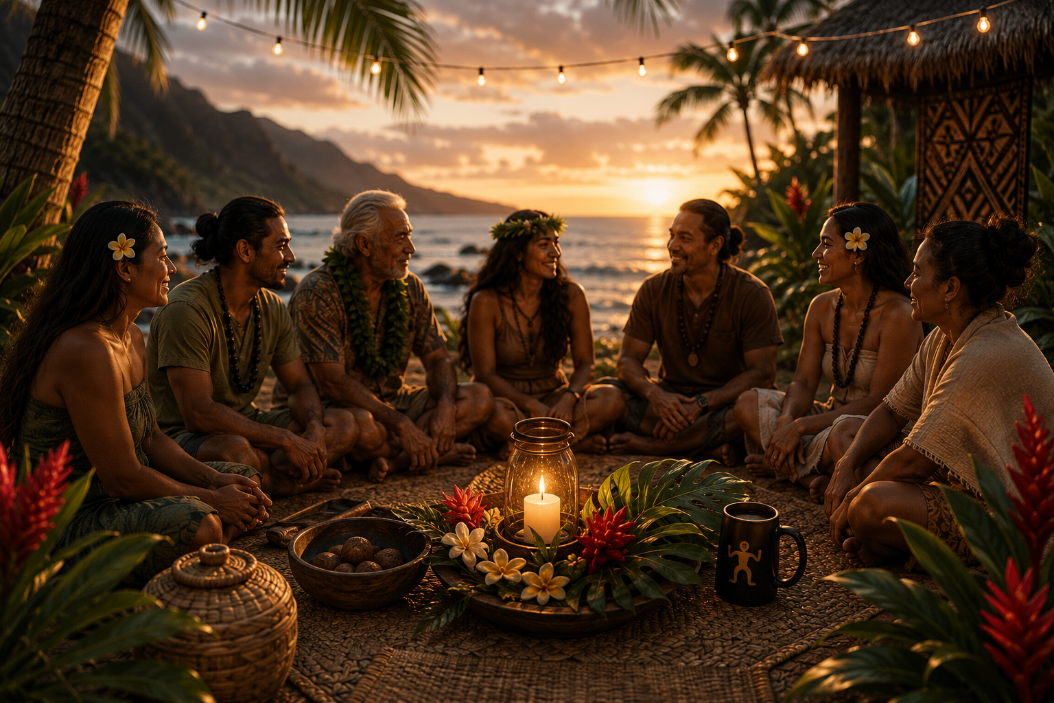 A community gathered around a fire beneath palm trees along a tropical shoreline at sunset.