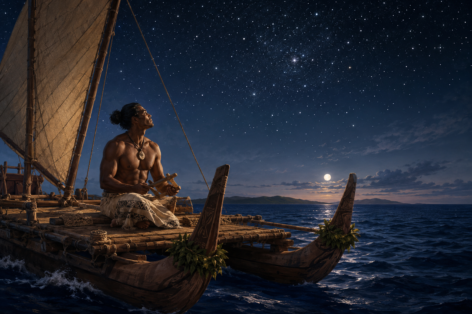 A navigator sits aboard a voyaging canoe beneath a brilliant, star-filled sky.
