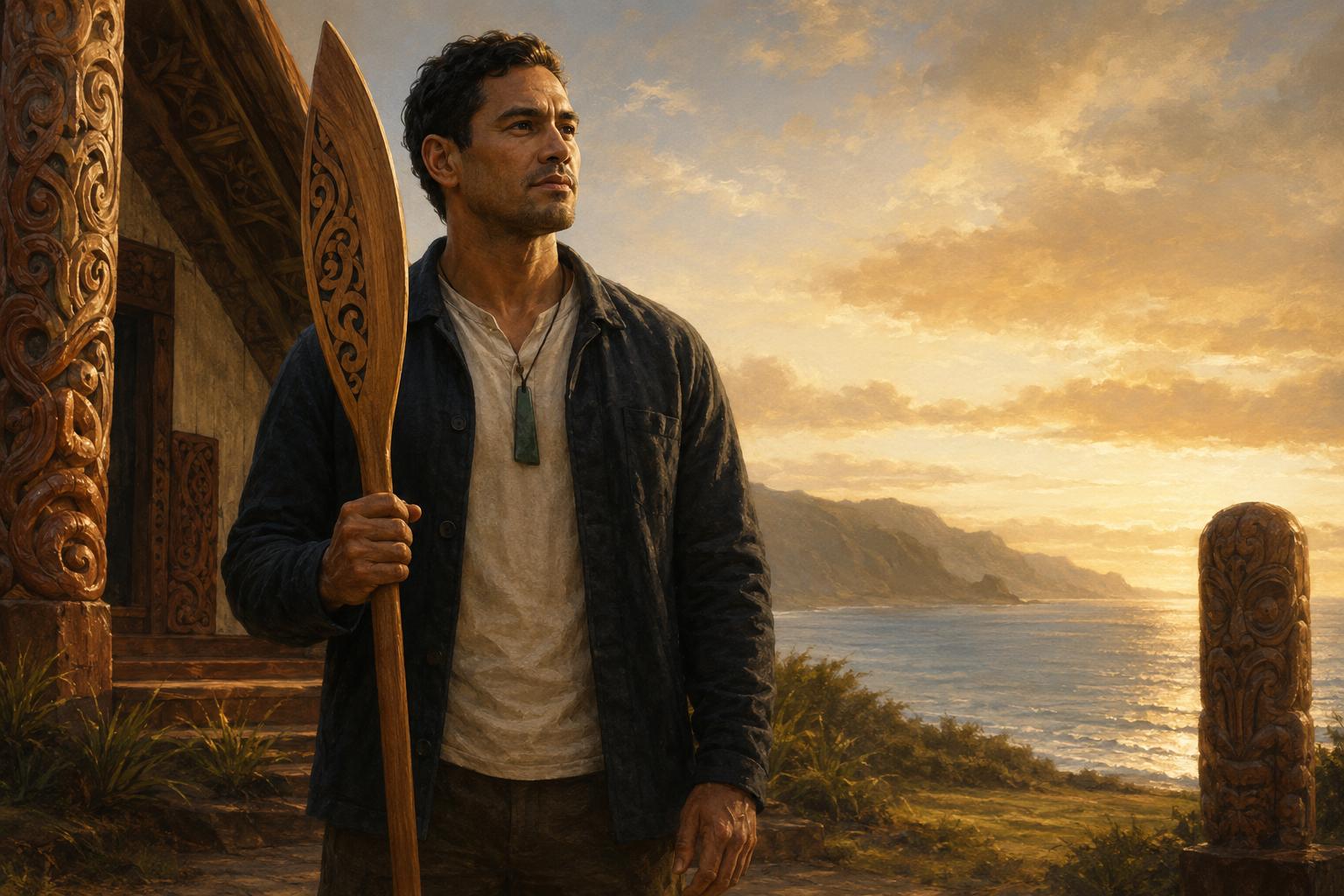 Matiu holds a carved wooden paddle outside his coastal workshop at sunset