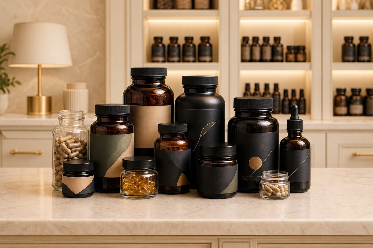 Amber and matte-black supplement bottles, jars, and dropper bottles arranged inside an elegant wellness dispensary.
