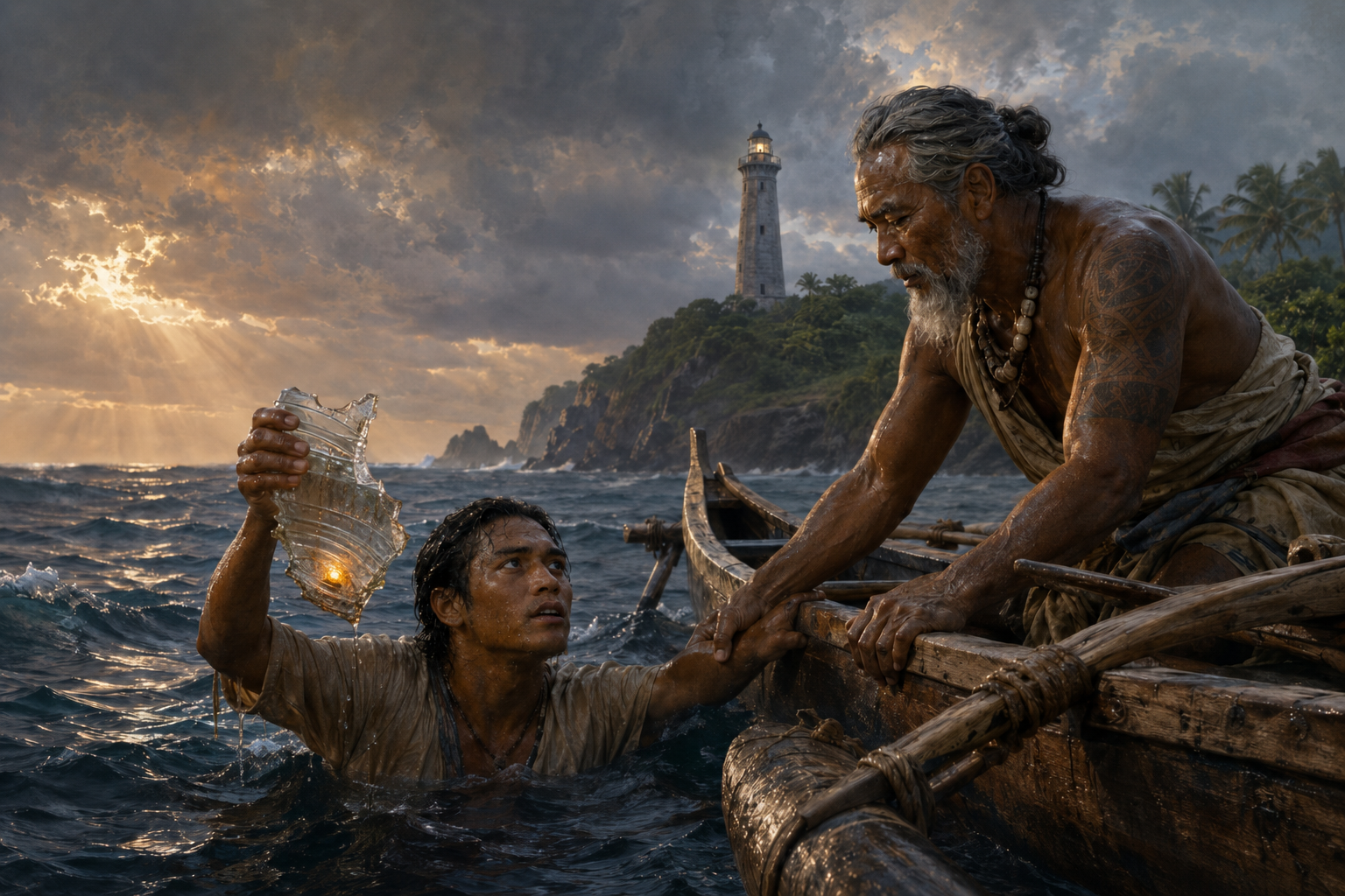 An elderly lighthouse keeper protects a glowing light as a violent storm gathers over the sea.