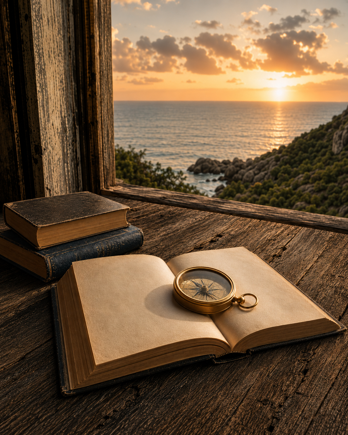 A stack of books rests beside an open window overlooking a tropical coastline at sunset.