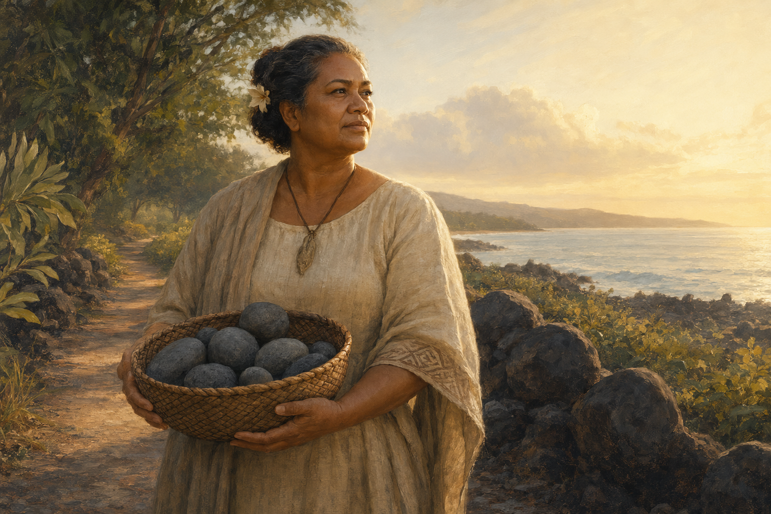 A thoughtful woman stands along a tropical coastline, looking toward the distant horizon.
