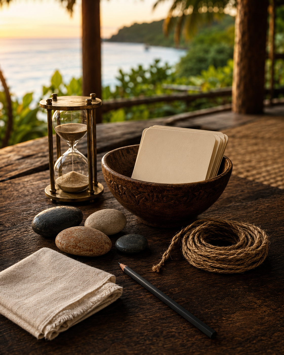 An hourglass, blank journal, and wooden bowl rest on a table overlooking a tropical garden.
