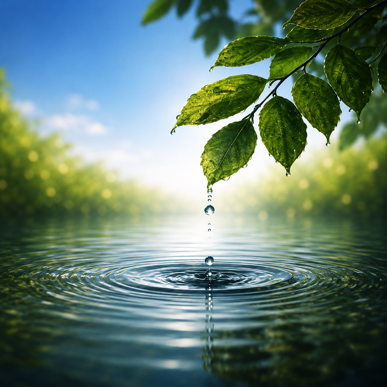 A leafy branch releases a clear droplet into water, creating gentle ripples.