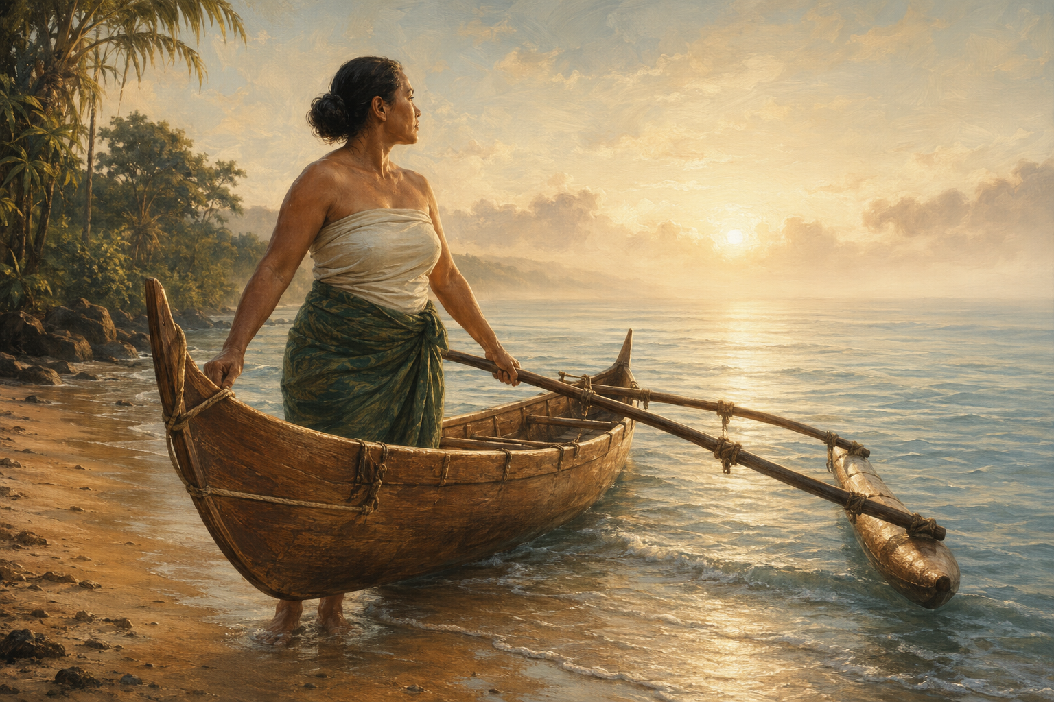 A woman stands confidently in a traditional outrigger canoe as dawn breaks over the ocean.