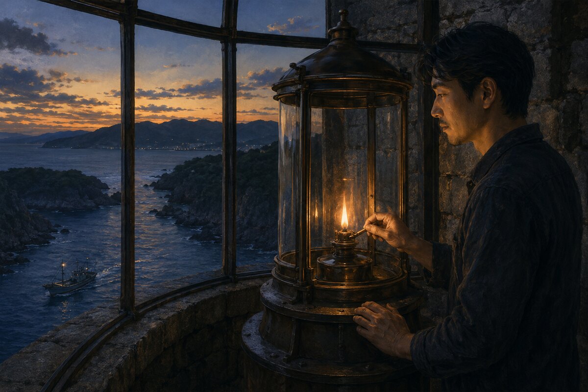 A person tends a small flame inside an old lighthouse as evening settles over the ocean.