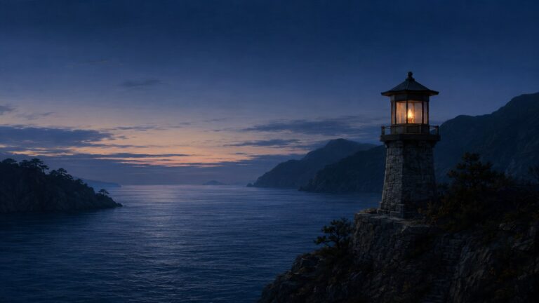 Stone lighthouse with a glowing flame overlooking a calm rocky coastline at dusk