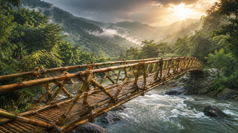 Bamboo bridge spanning a river, symbolizing collaboration and shared strength