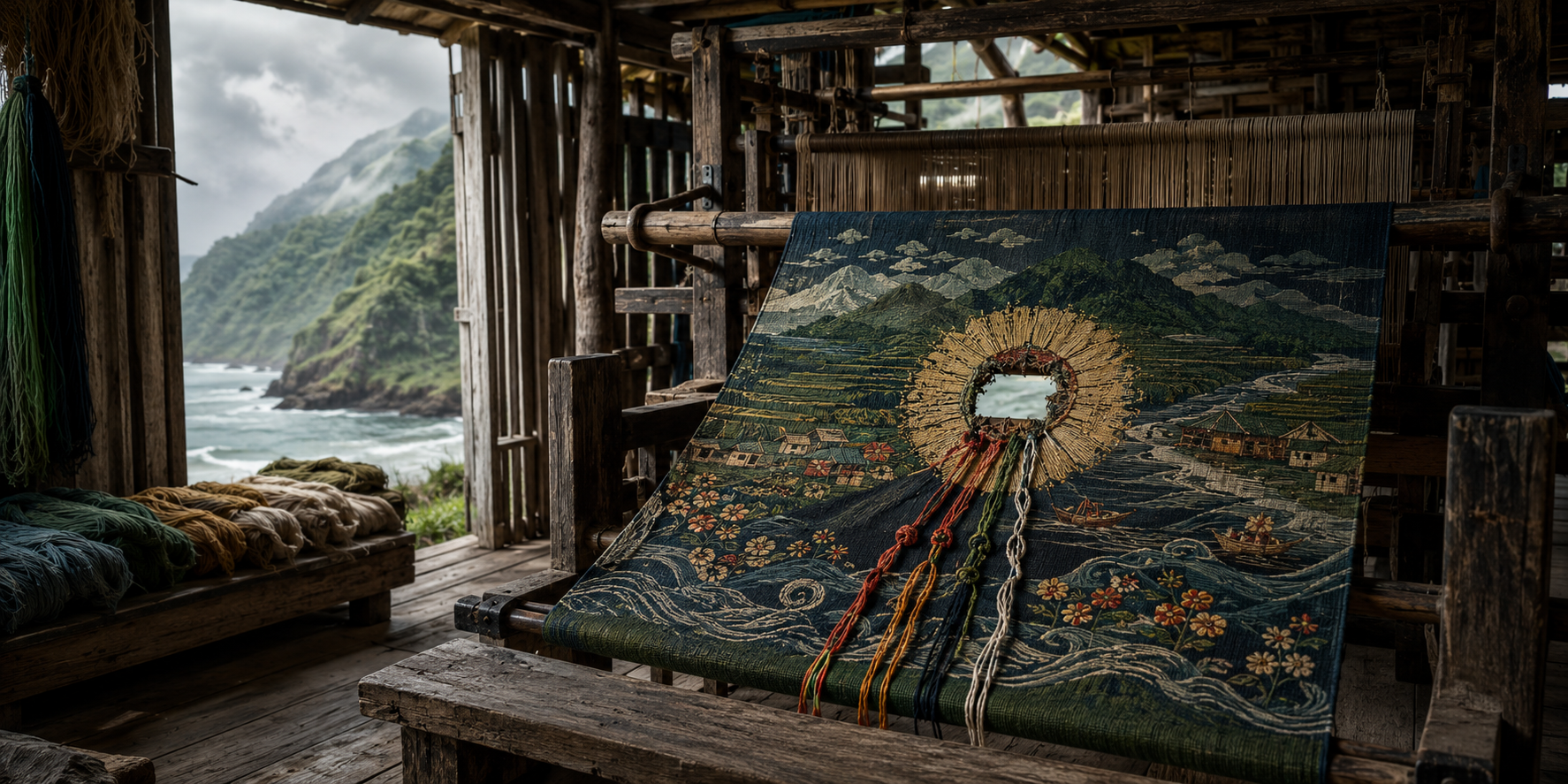 A damaged woven landscape rests on a wooden loom, with golden threads surrounding a torn opening in the cloth.