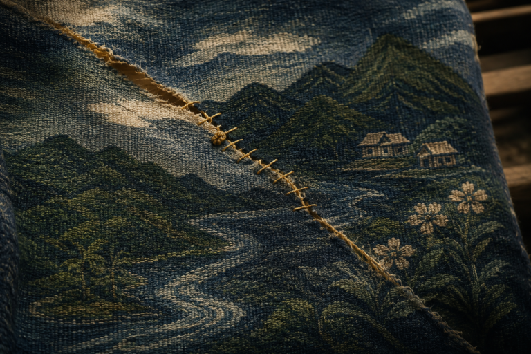A repaired woven landscape shows golden stitching joining a deep tear across dark mountains and a small village.