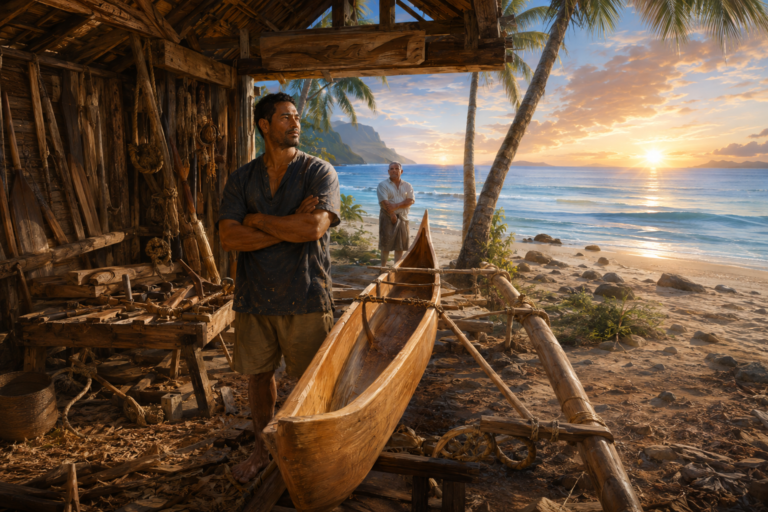 Matiu stands beside a handcrafted outrigger canoe at a beachfront workshop while Rangi watches at sunset