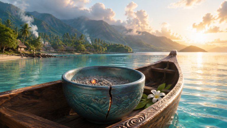 Cracked ceremonial bowl holding ash and a glowing ember inside a wooden canoe on a tropical bay at dawn.