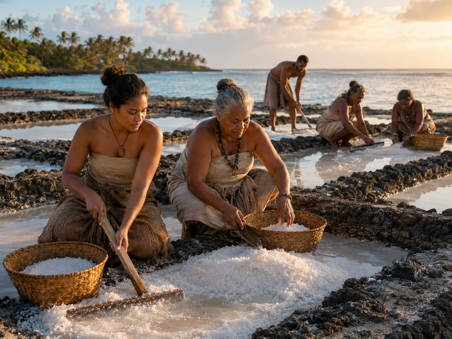 Open communication and cooperation among Pacific Island villagers harvesting sea salt at dawn.
