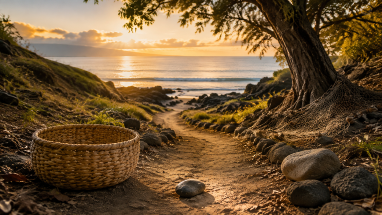 An empty woven basket and smooth stones rest beside a coastal path leading toward the ocean in the warm light of sunset.