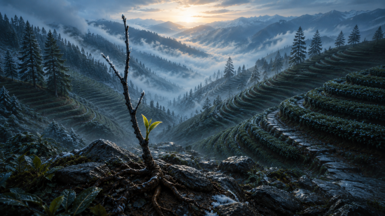Single green tea shoot emerging from a frost-covered branch above misty mountain terraces