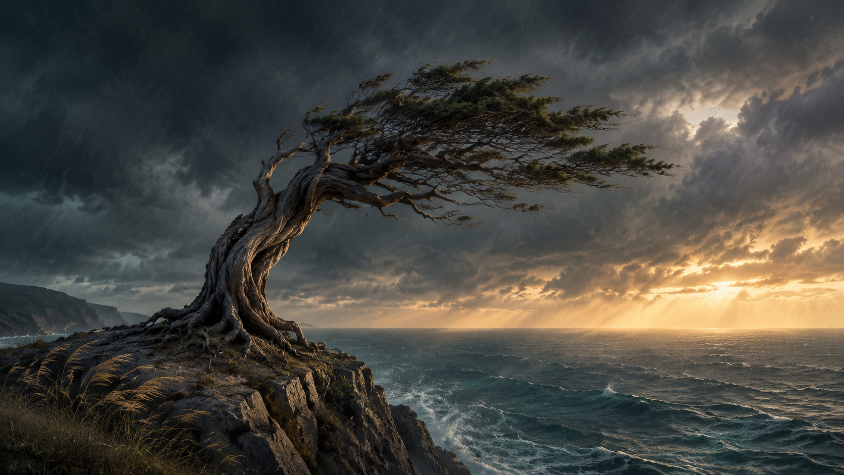 A windswept tree bends beneath dark storm clouds along a rugged shoreline.
