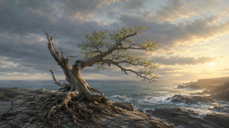 A weathered coastal tree grows beneath clearing skies as golden sunlight breaks through the clouds.
